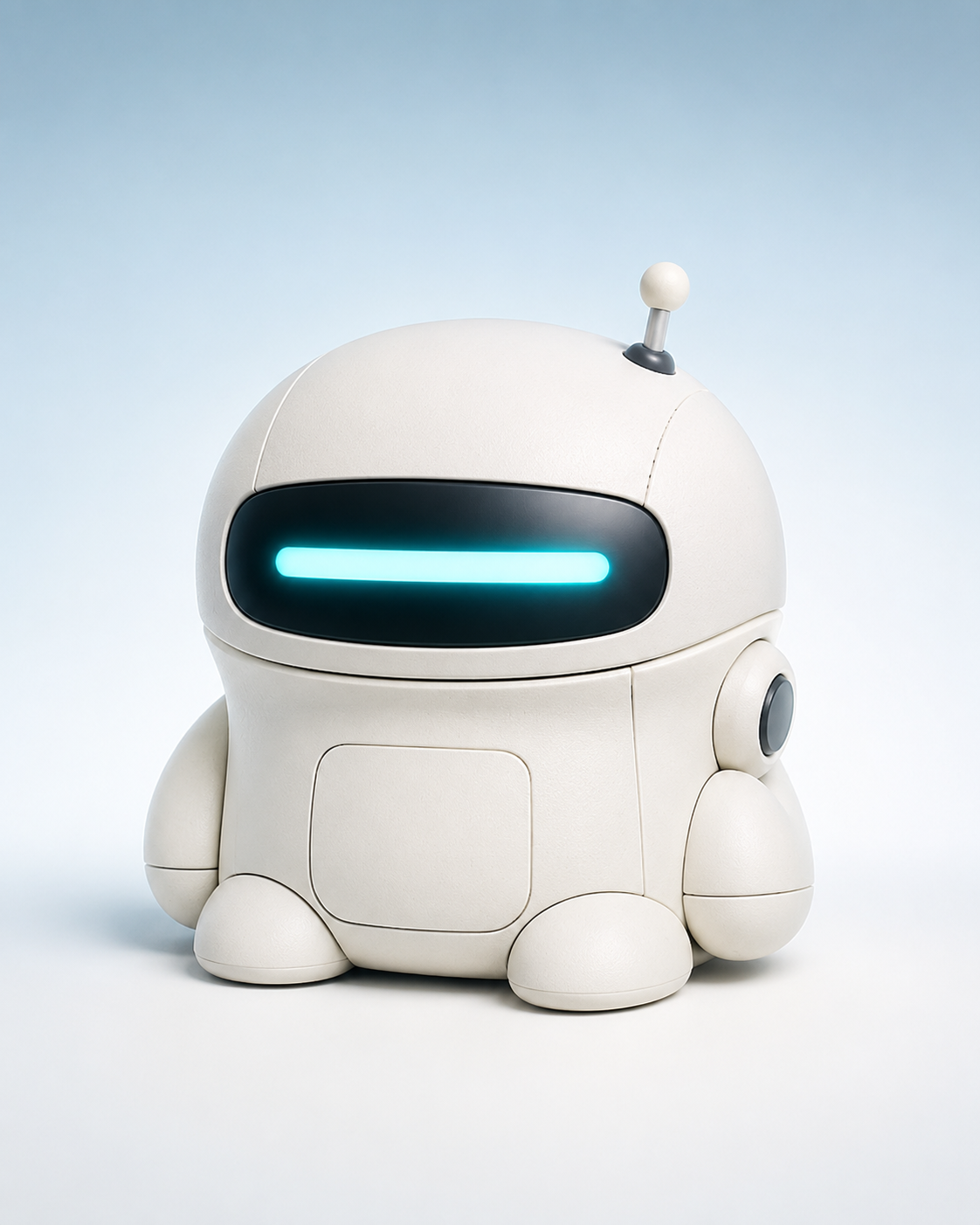 Brando, an upright navy brand-mascot robot with a blue visor eye and a blank badge plate for branding.