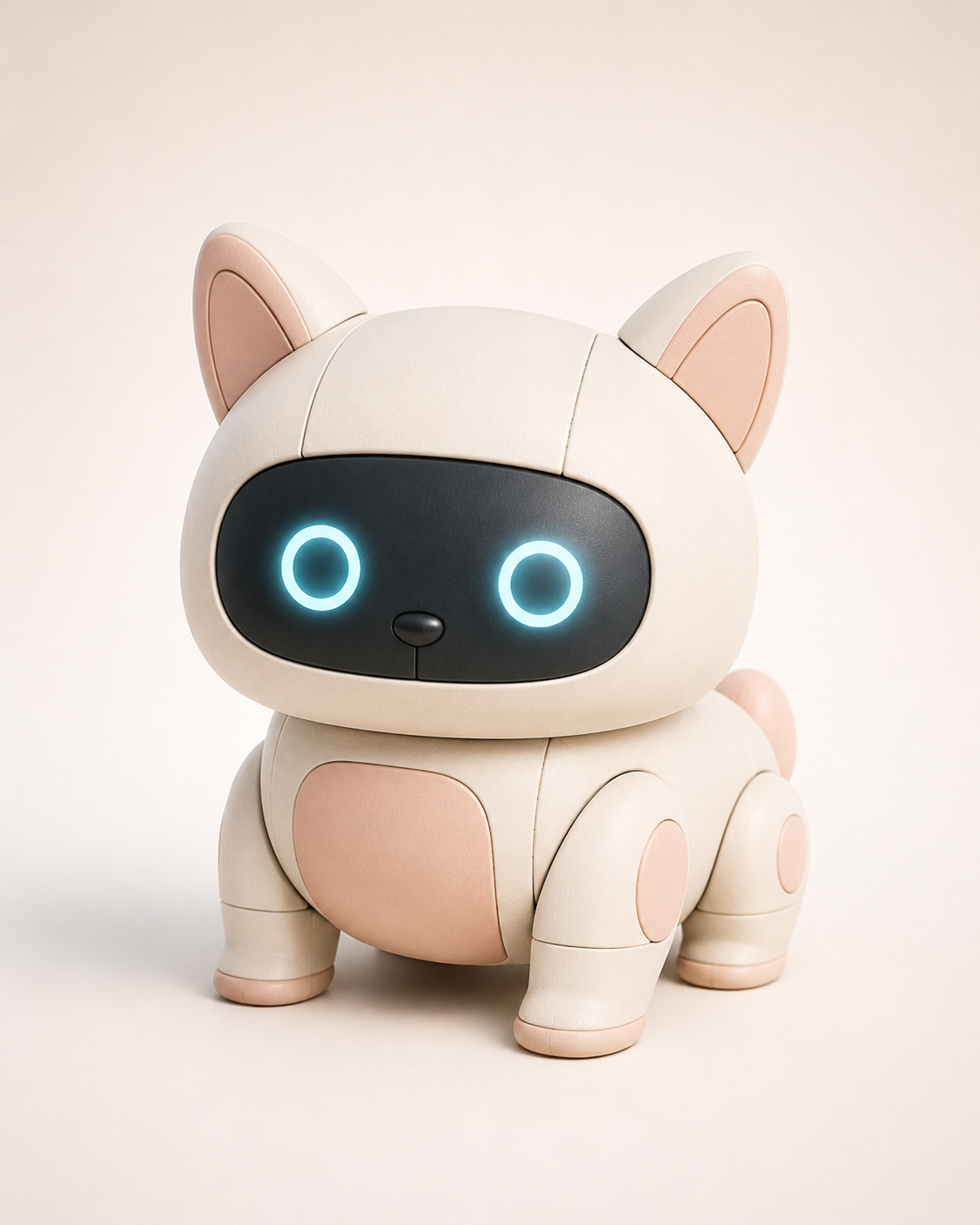 Milo, a cream-and-blush pet-style robot with oversized gentle eyes and perked ears.