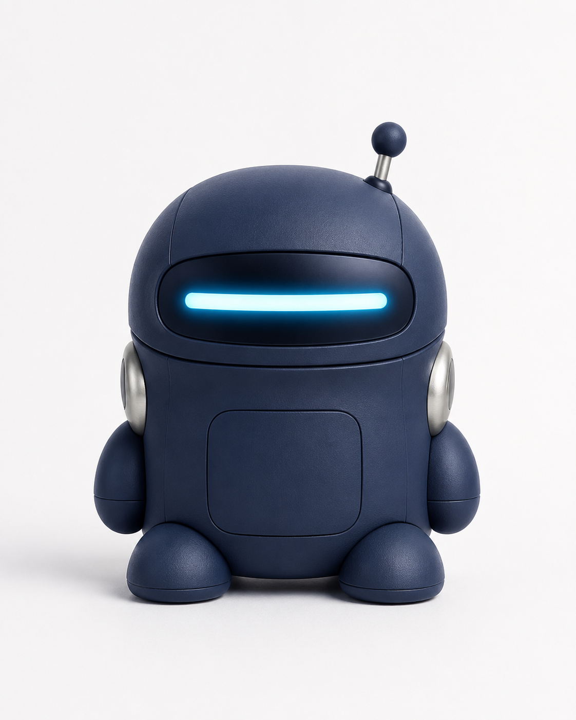 Nori, a minimalist off-white desk companion robot with a single glowing cyan light-bar eye.