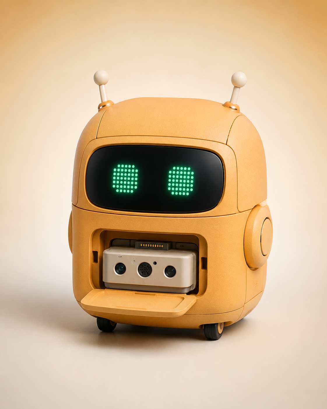 Tiko, a rounded sky-blue kids' robot with large friendly glowing eyes and soft ears.